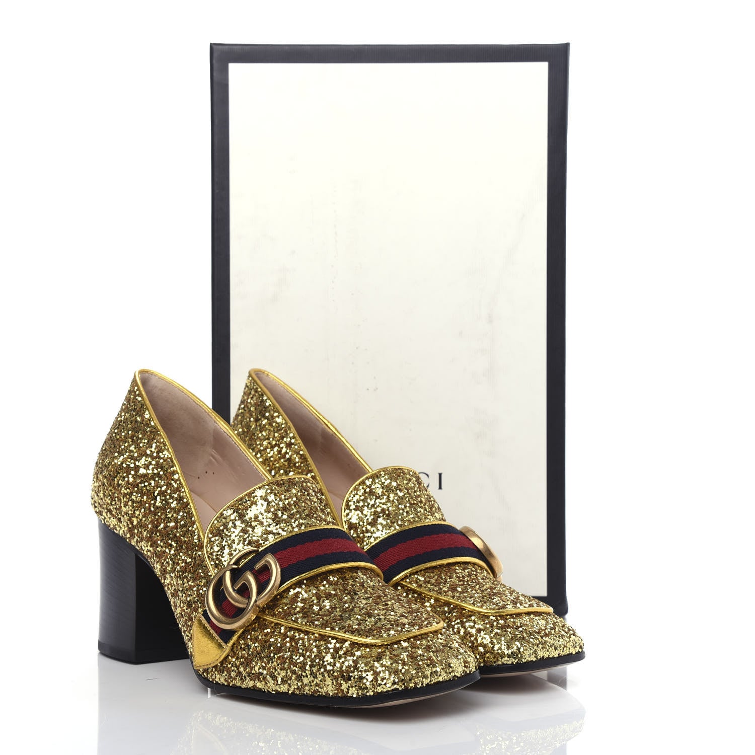 Gucci Glitter Nappa Web Peyton 75mm Loafer Pumps 38.5 Oro Vecchio 11 of 12