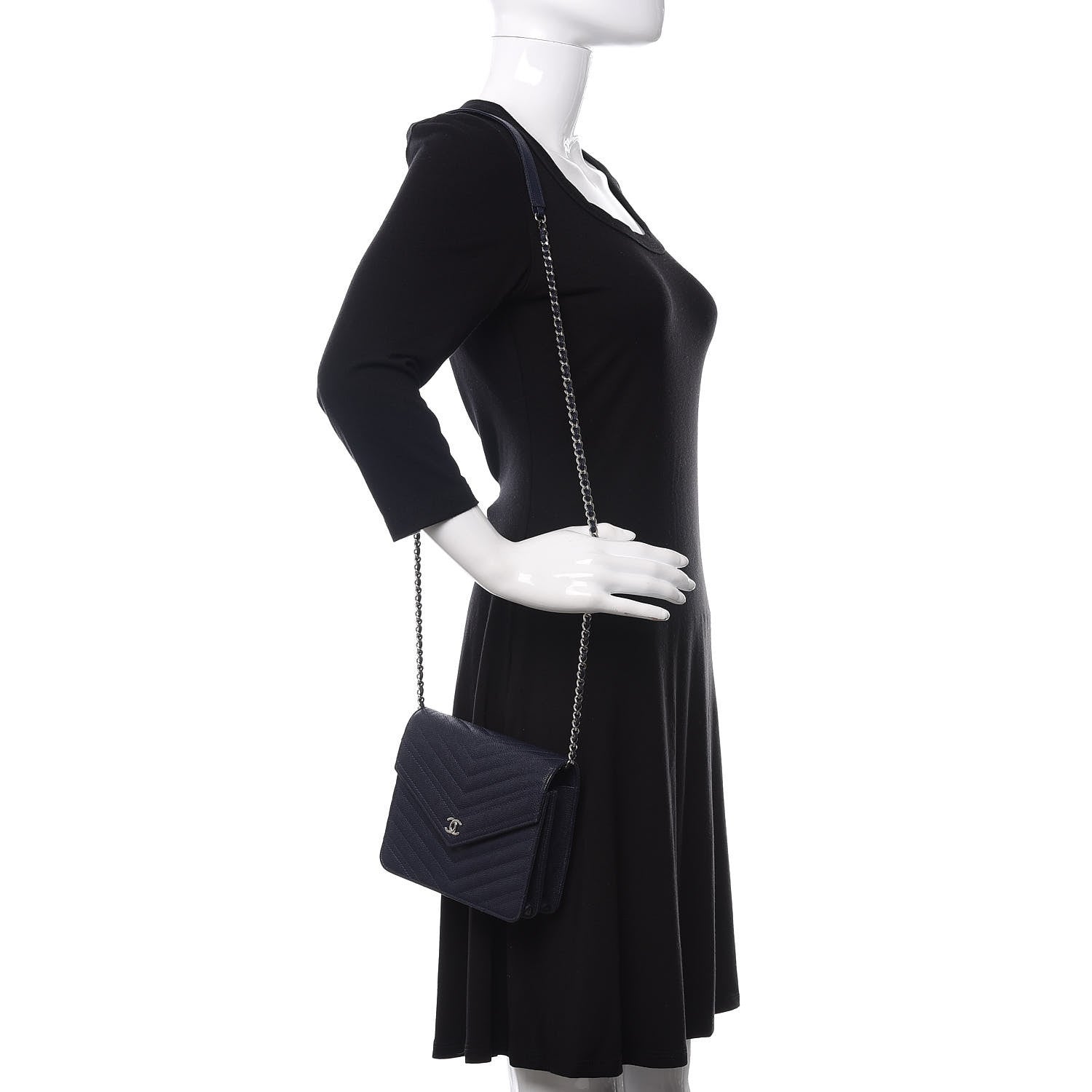 Chanel Caviar Chevron Quilted Square Wallet On Chain WOC Blue 2 of 11