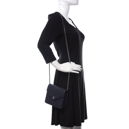 Chanel Caviar Chevron Quilted Square Wallet On Chain WOC Blue 2 of 11
