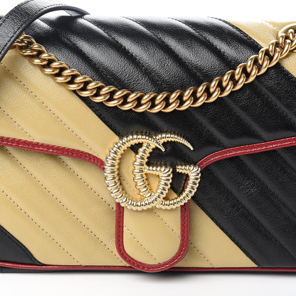 Gucci Vintage Effect Calfskin Matelasse Diagonal Striped Small Torchon GG Marmont Shoulder Bag Black Beige 9 of 9