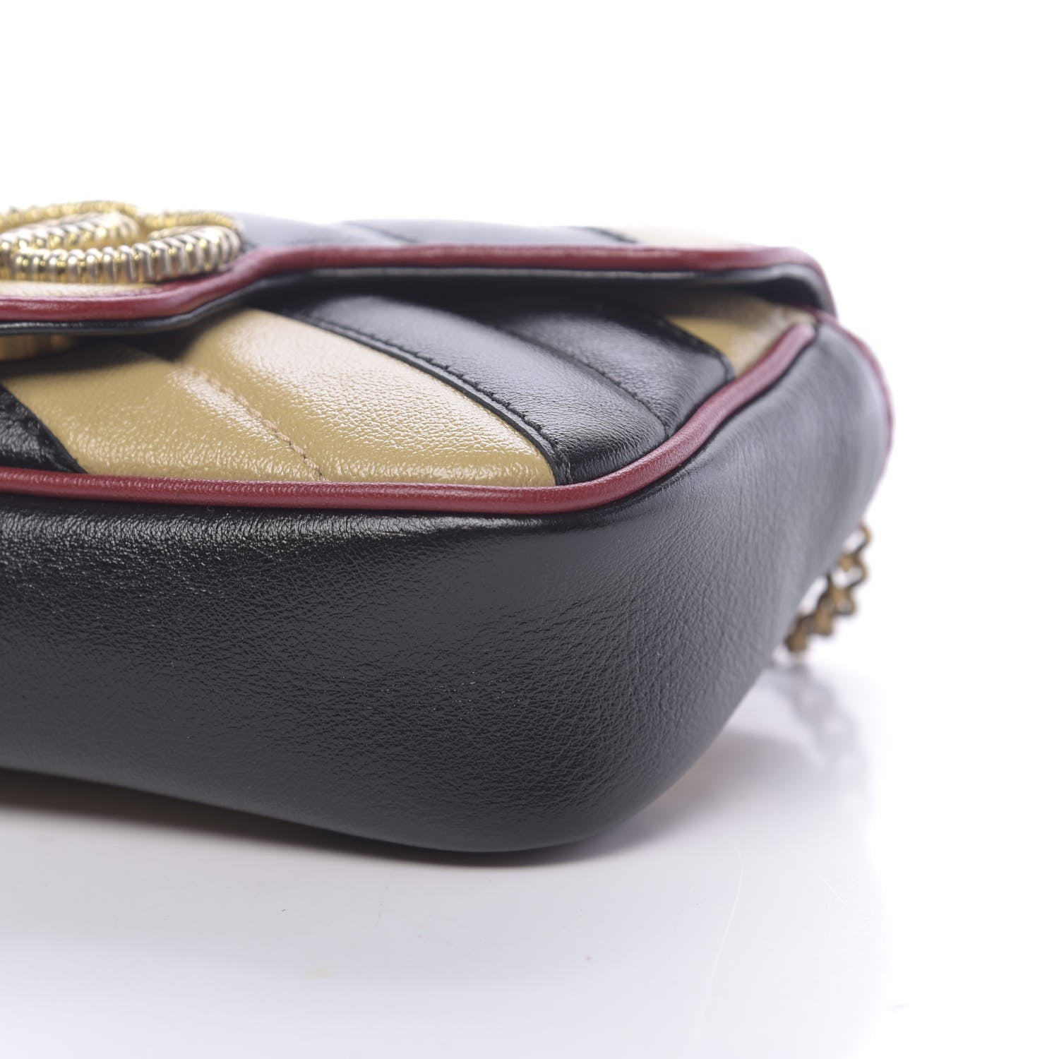 Gucci Vintage Effect Calfskin Matelasse Diagonal Striped Super Mini Torchon GG Marmont Shoulder Bag Black Beige 9 of 11