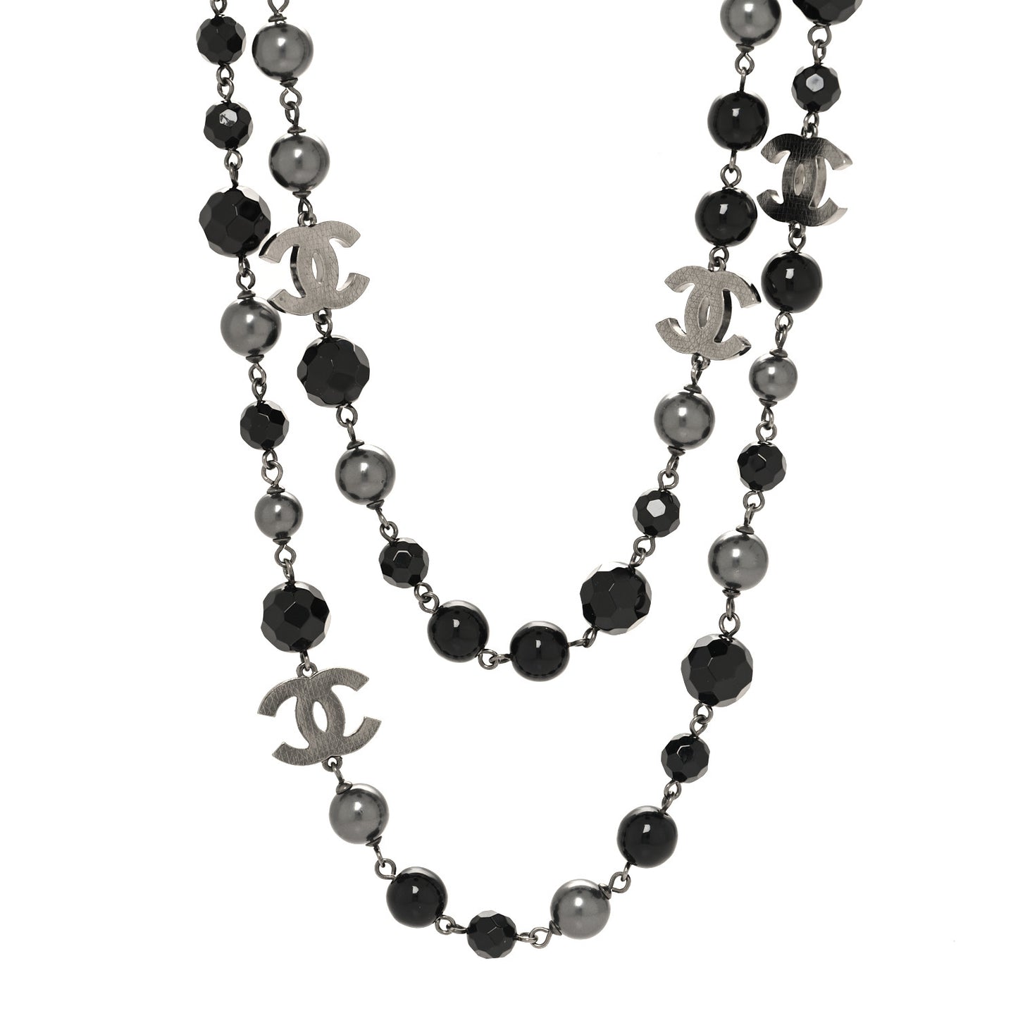 Ruthenium Pearl Beaded CC Long Necklace Black