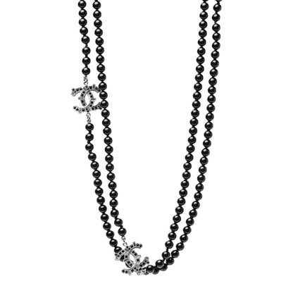 Chanel Baguette Crystal Beaded CC Long Necklace Black Silver 1 of 5