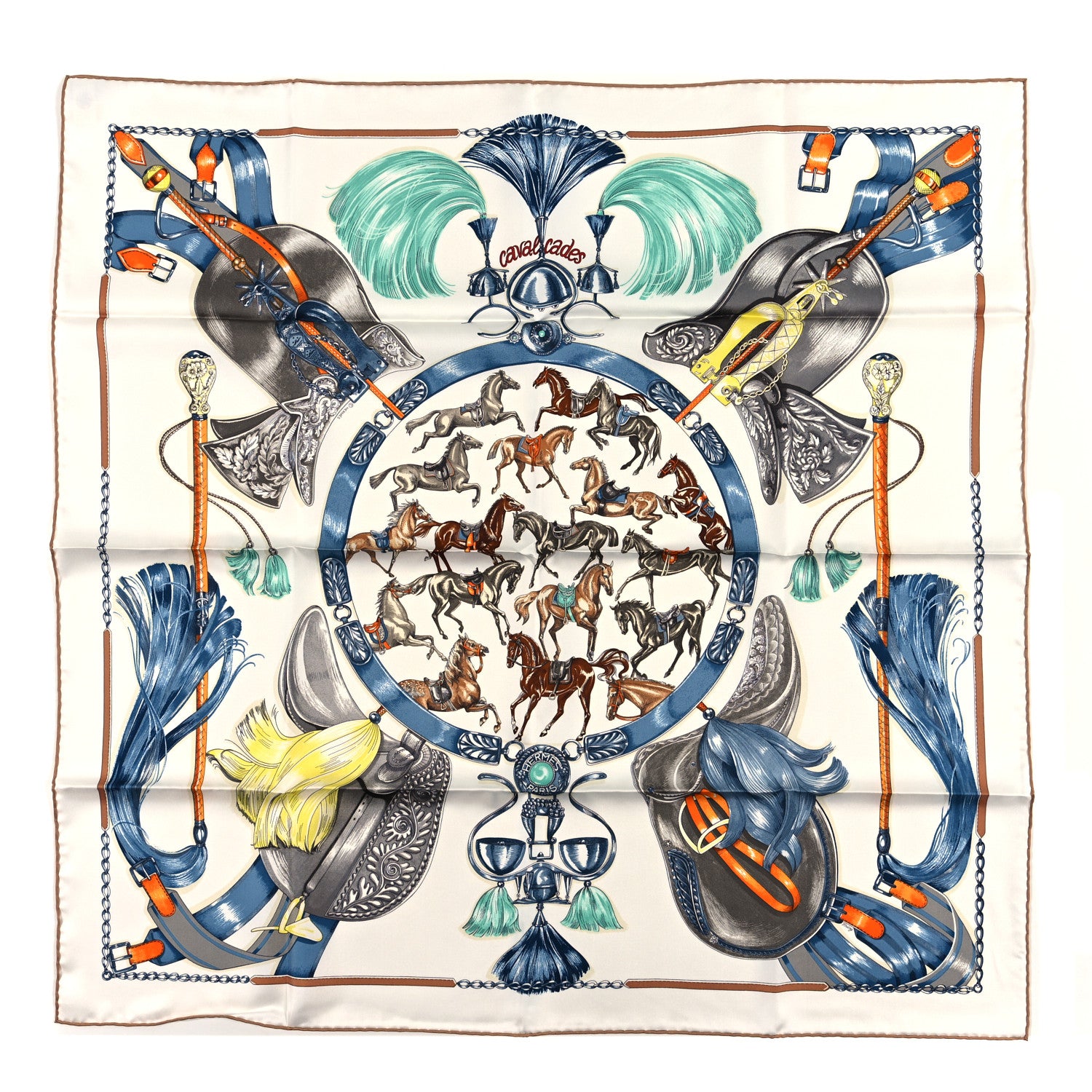 Hermes Silk Cavalcades Scarf 90 White Bleu Jean Vert 1 of 3