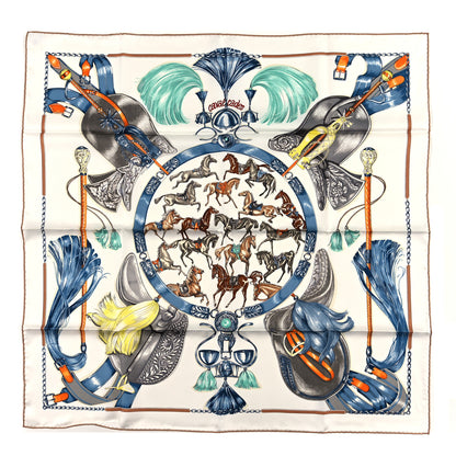 Hermes Silk Cavalcades Scarf 90 White Bleu Jean Vert 1 of 3