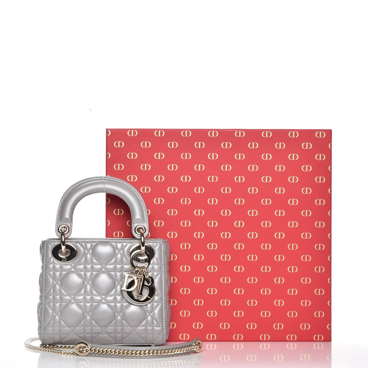 Metallic Lambskin Cannage Mini Lady Dior Grey