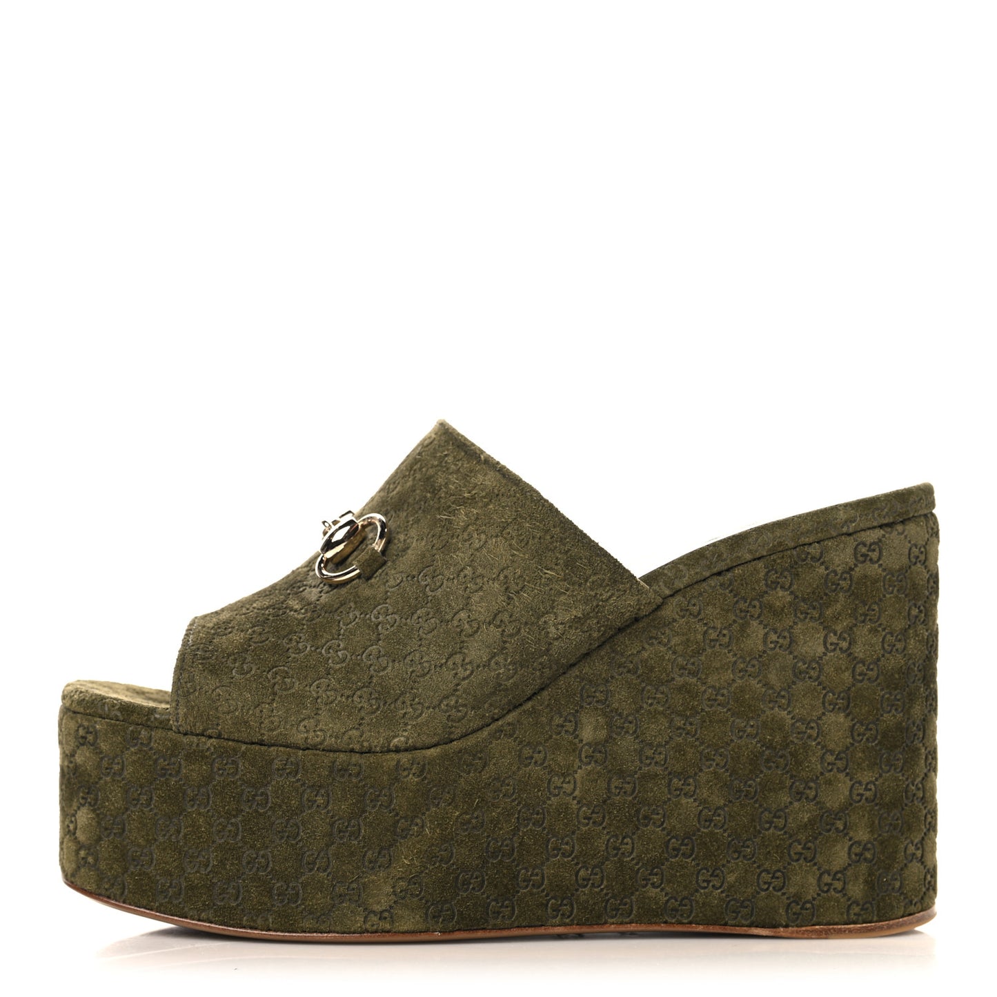 Suede GG Debossed Horsebit Wedge Sandals 39.5 Forest Green