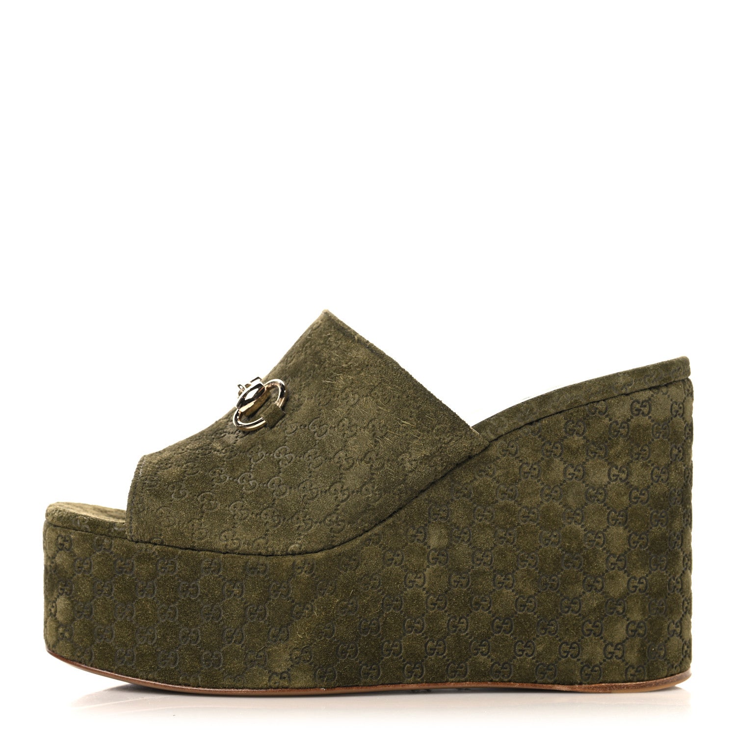 Gucci Suede GG Debossed Horsebit Wedge Sandals 39.5 Forest Green 1 of 10