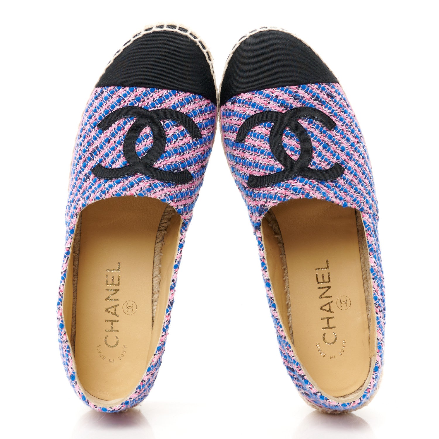 Chanel Tweed Grosgrain CC Espadrilles 38 Blue Pink Black White 2 of 12