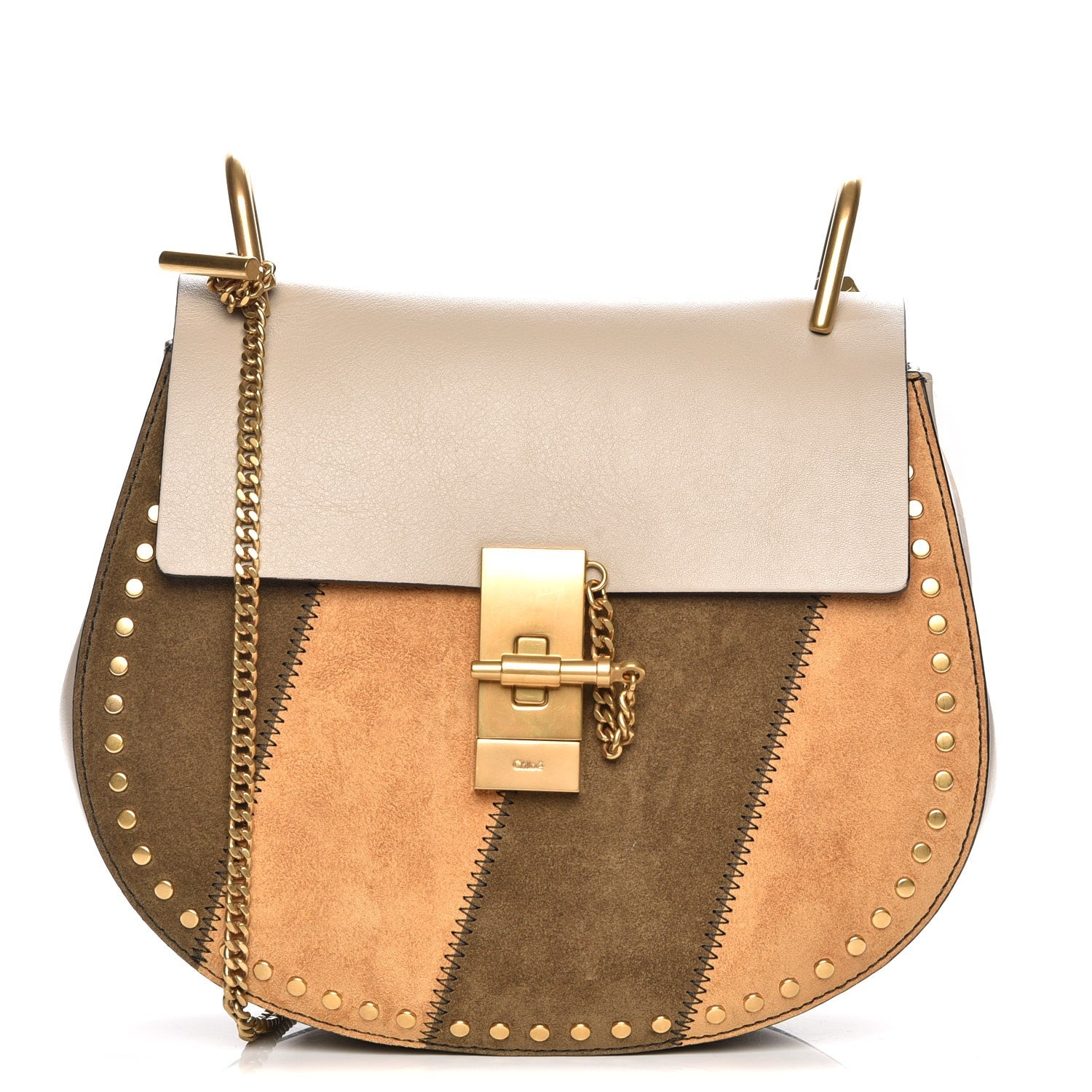 Chloe Suede Calfskin Striped Patchwork Studded Drew Shoulder Bag Pastel Grey 1 of 7