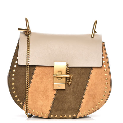 Chloe Suede Calfskin Striped Patchwork Studded Drew Shoulder Bag Pastel Grey 1 of 7