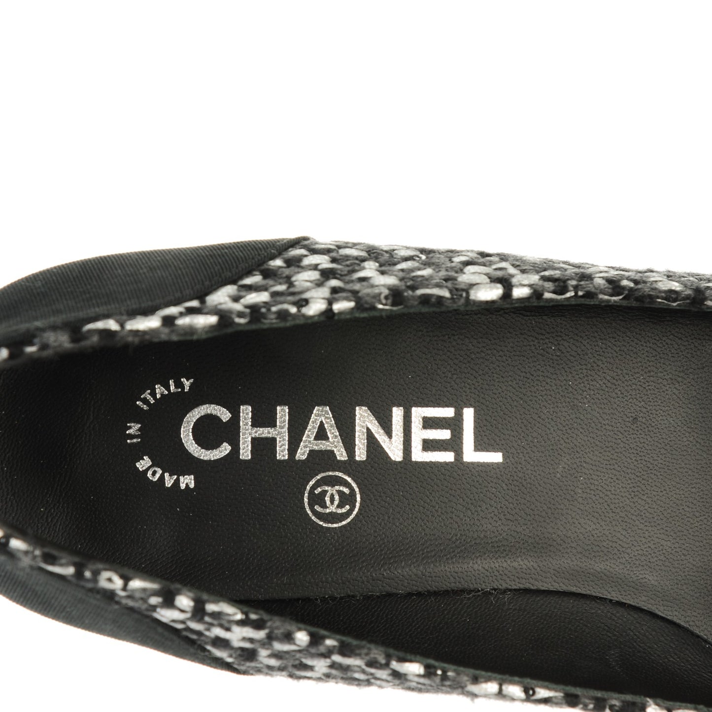 Tweed Grosgrain Chain Cap Toe Low Heel Pumps 38.5 Silver Black