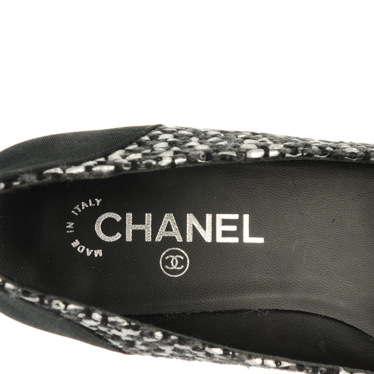 Chanel Tweed Grosgrain Chain Cap Toe Low Heel Pumps 38.5 Silver Black 7 of 7
