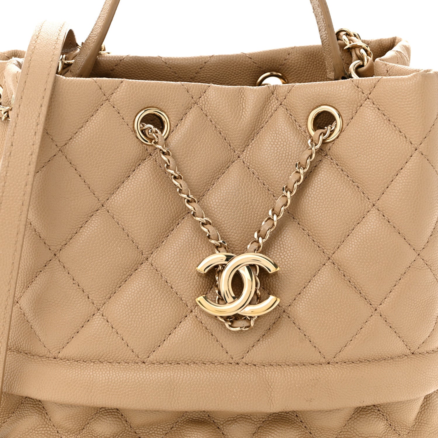 Chanel Caviar Quilted Rolled Up Bucket Drawstring Bag Beige 8 of 12