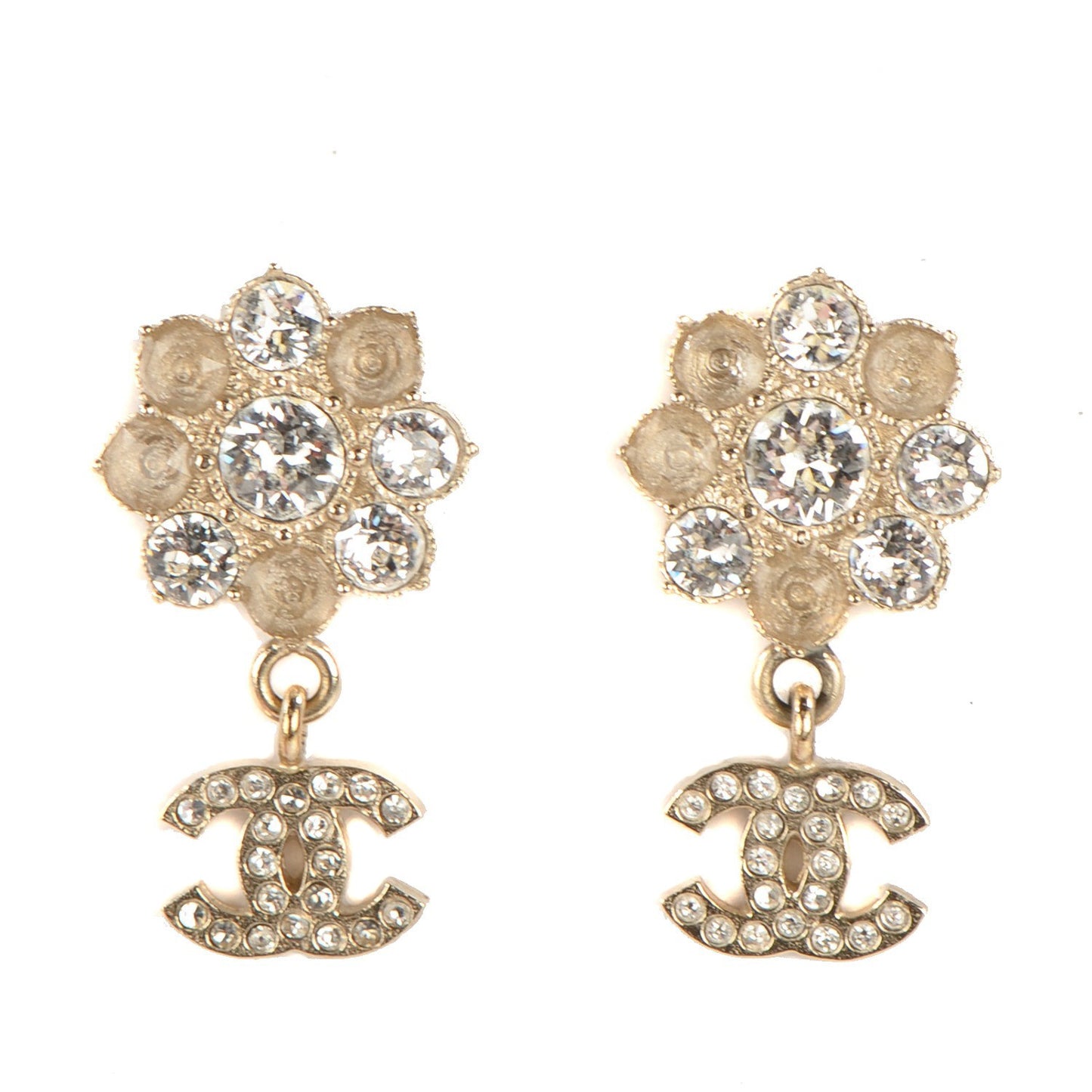 Crystal CC Flower Dangle Earrings Gold Beige