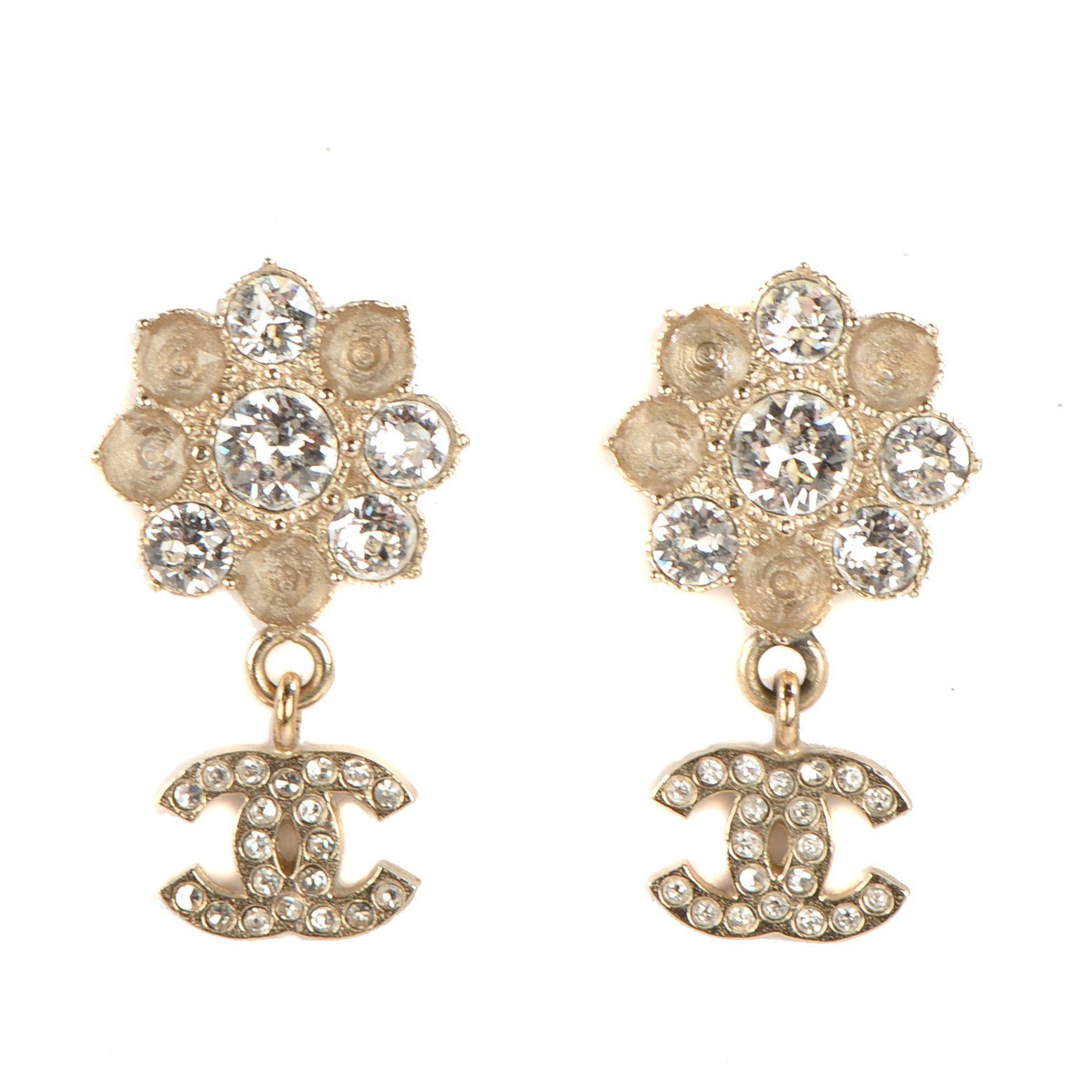 Chanel Crystal CC Flower Dangle Earrings Gold Beige 1 of 5