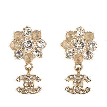 Chanel Crystal CC Flower Dangle Earrings Gold Beige 1 of 5
