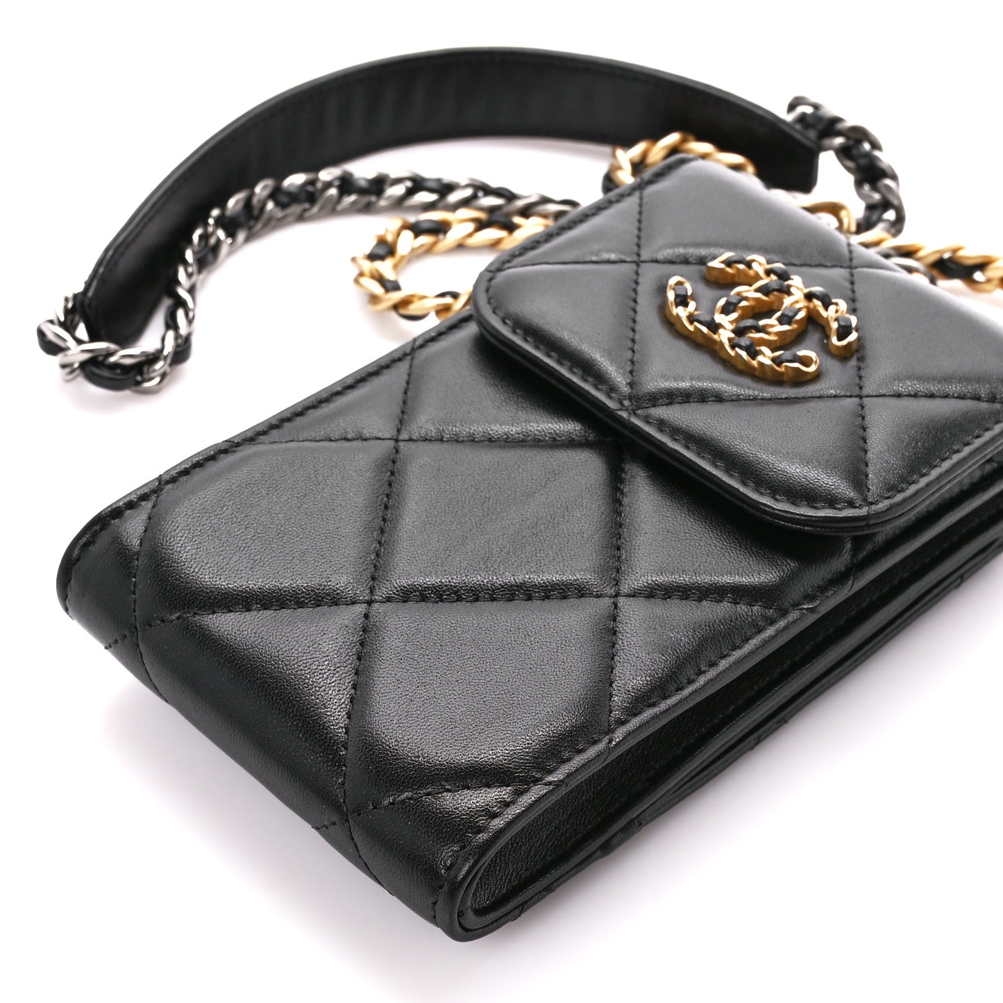 Lambskin Quilted Chanel 19 Phone Holder With Chain Black