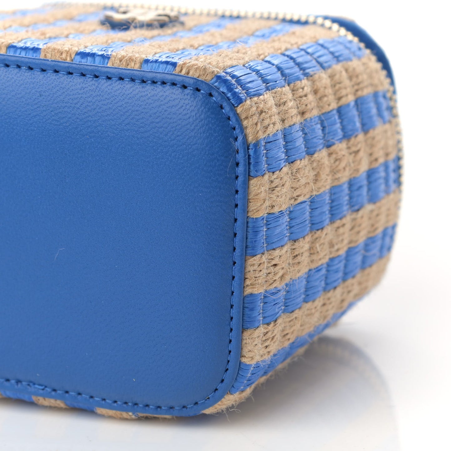 Raffia Jute Striped Mini Vanity Case With Chain Blue Beige