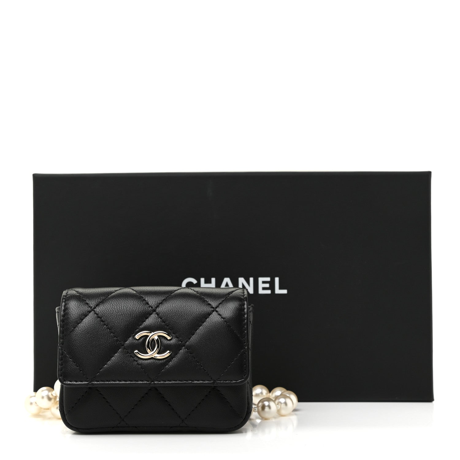 Chanel Lambskin Quilted Pearl Chain Belt Bag Black 990719