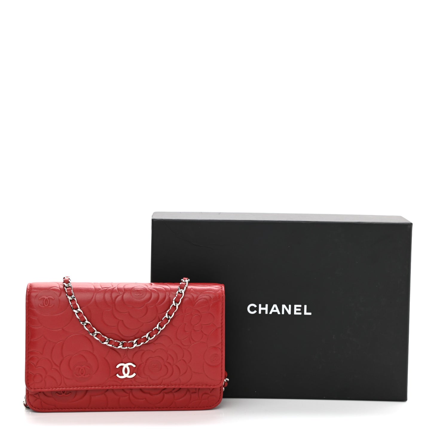Lambskin Camellia Embossed Wallet On Chain WOC Red