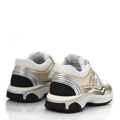 Chanel Fabric Laminated Calfskin Stretch CC Sneakers 36 White Gold Silver 3 of 9