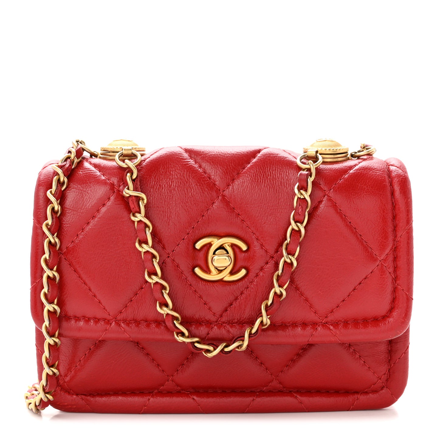 Shiny Lambskin Quilted Extra Mini Flap Red