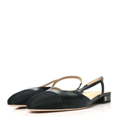 Chanel Goatskin Grosgrain Cap Toe CC Slingback Flats 37.5 Black 3 of 9