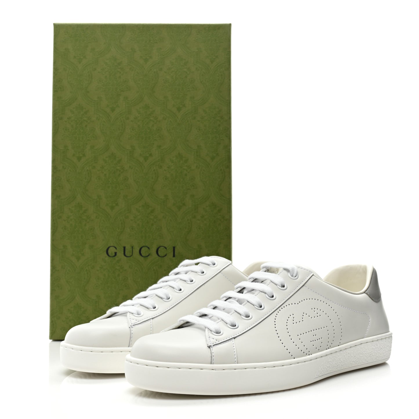Calfskin Interlocking G Perforated Mens Ace Sneakers 8 White Grey Sky