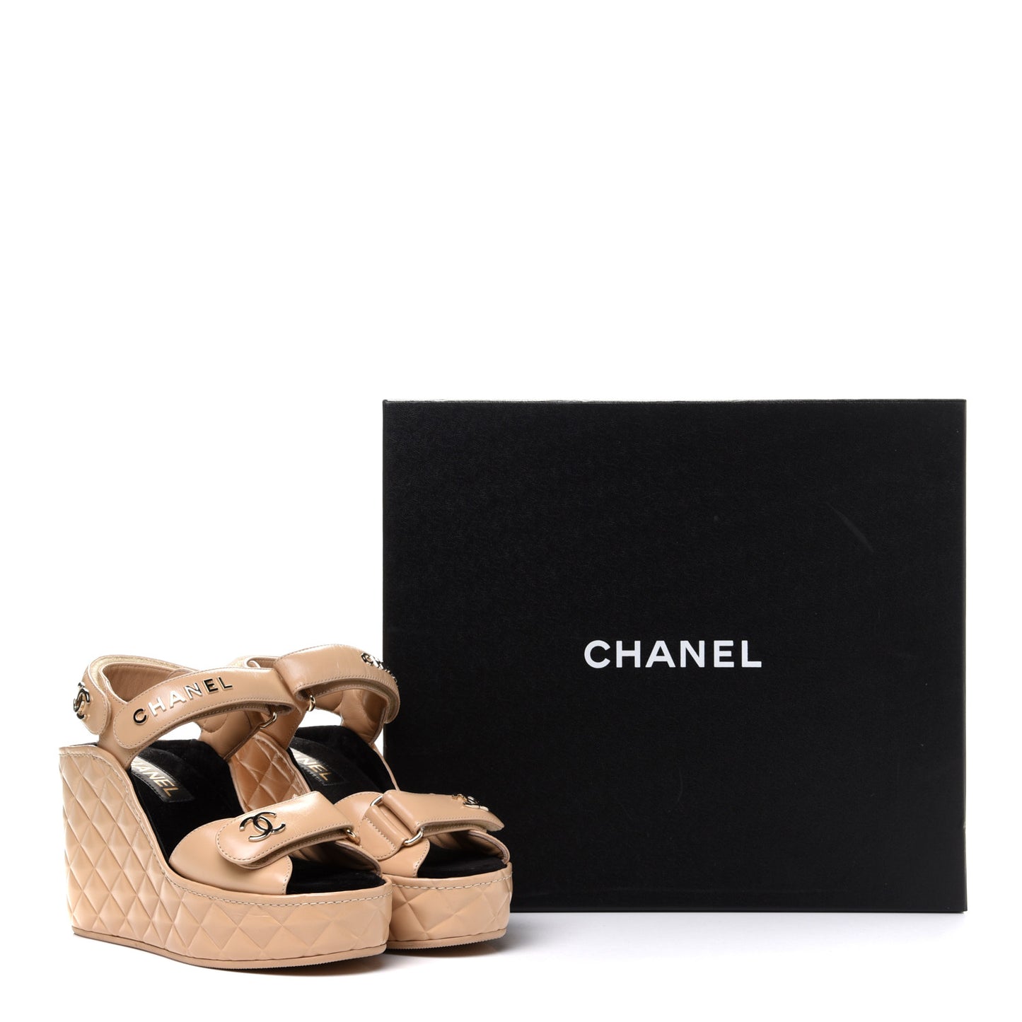 Shiny Calfskin Quilted Wedge Sandals 36 Beige
