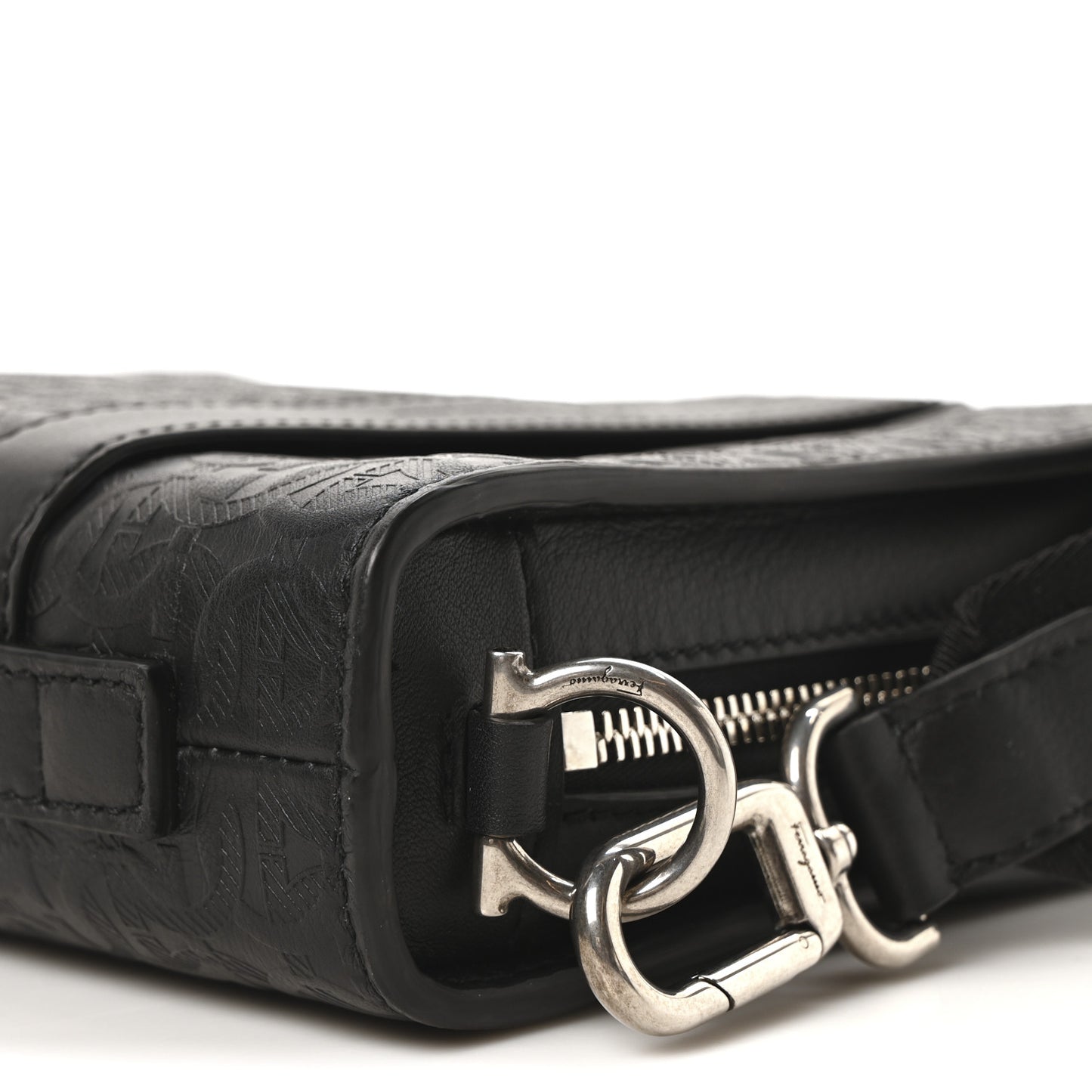 Calfskin Gancini Embossed Travel Crossbody Black