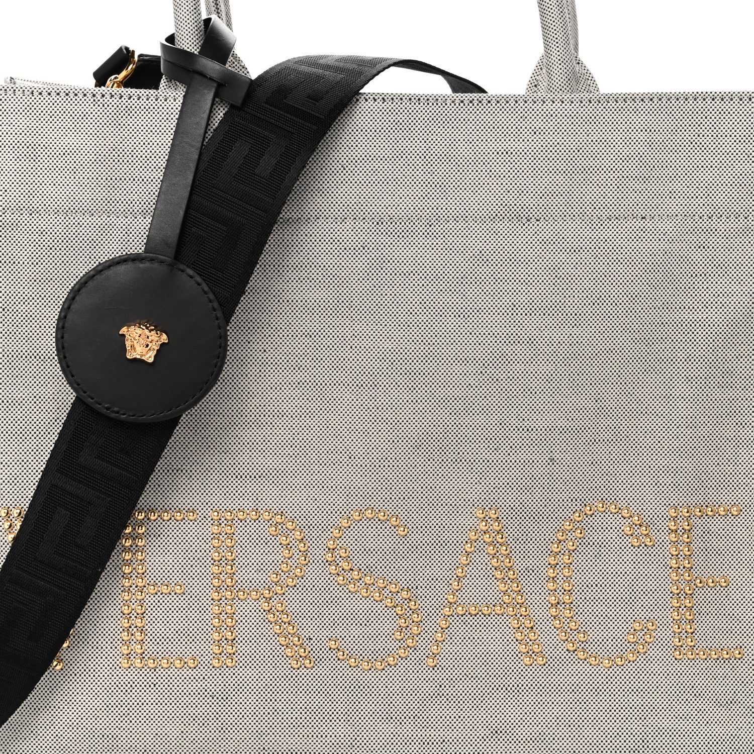 Versace Canvas Calfskin Studded Large Logo Tote Bag Ecru Black 7 of 10