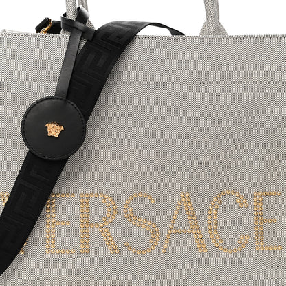 Versace Canvas Calfskin Studded Large Logo Tote Bag Ecru Black 7 of 10