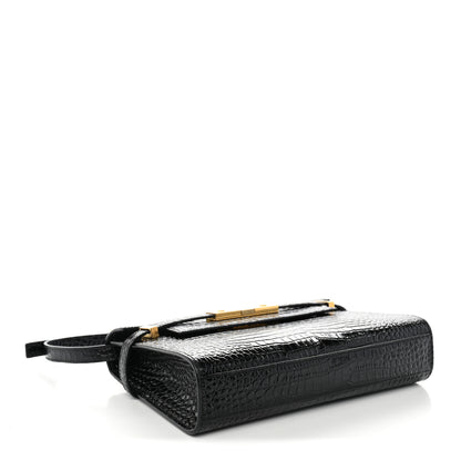 Saint Laurent Shiny Calfskin Crocodile Embossed Small Manhattan Baguette Black 4 of 11