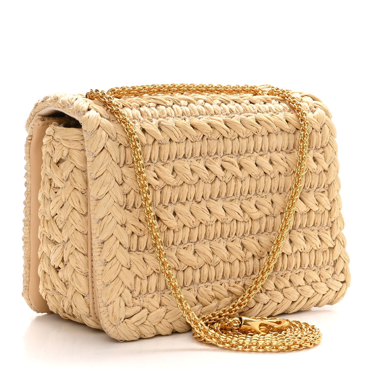 Raffia One Stud Chain Clutch Natural