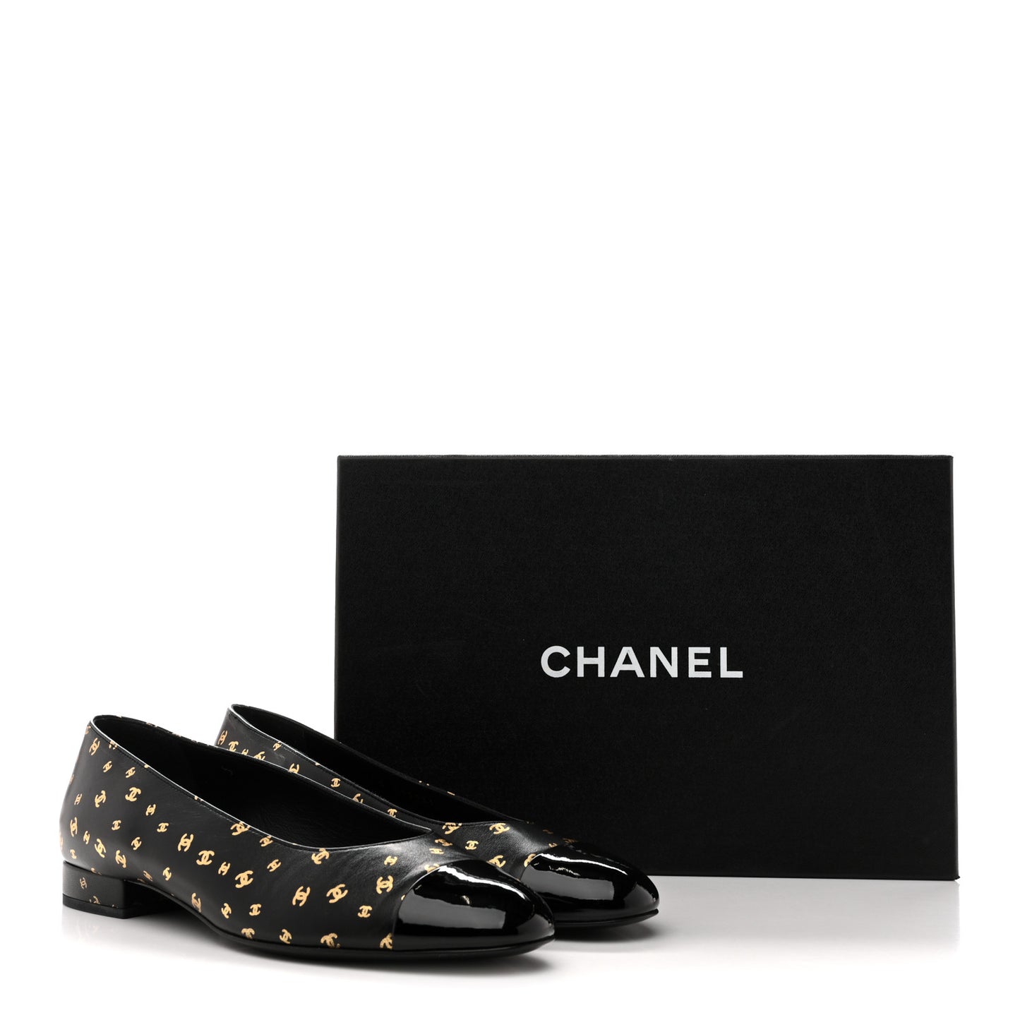 Lambskin Patent Calfskin Printed CC Cap Toe Ballerina Flats 38.5 Black Gold