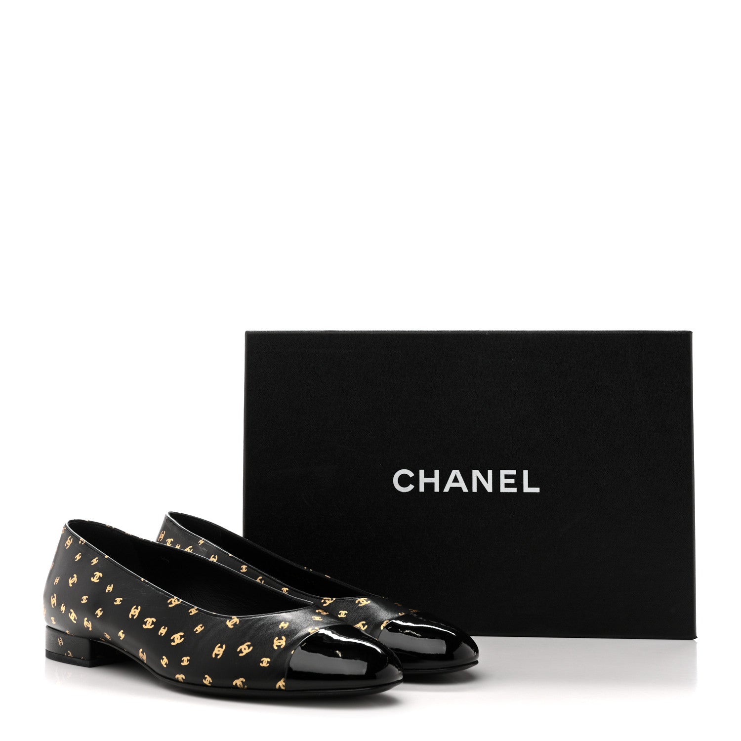 Chanel Lambskin Patent Calfskin Printed CC Cap Toe Ballerina Flats 38.5 Black Gold 10 of 10