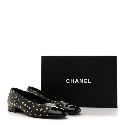 Chanel Lambskin Patent Calfskin Printed CC Cap Toe Ballerina Flats 38.5 Black Gold 10 of 10