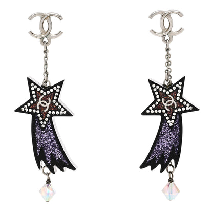 Chanel Resin Crystal CC Shooting Star Dangle Earrings Silver Purple 1 of 4