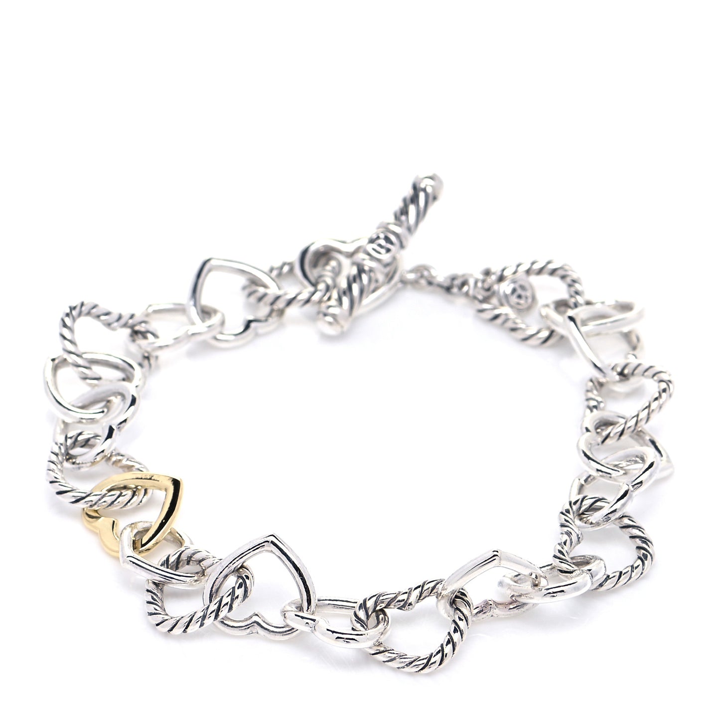 Sterling Silver 18K Yellow Gold Cable Heart Link Bracelet