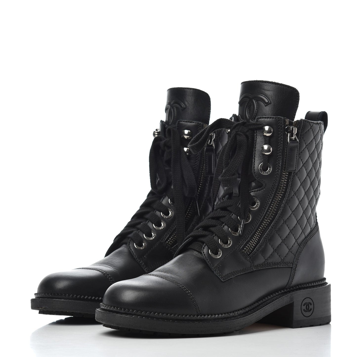 Calfskin Quilted Lace Up Combat Boots 37 Black