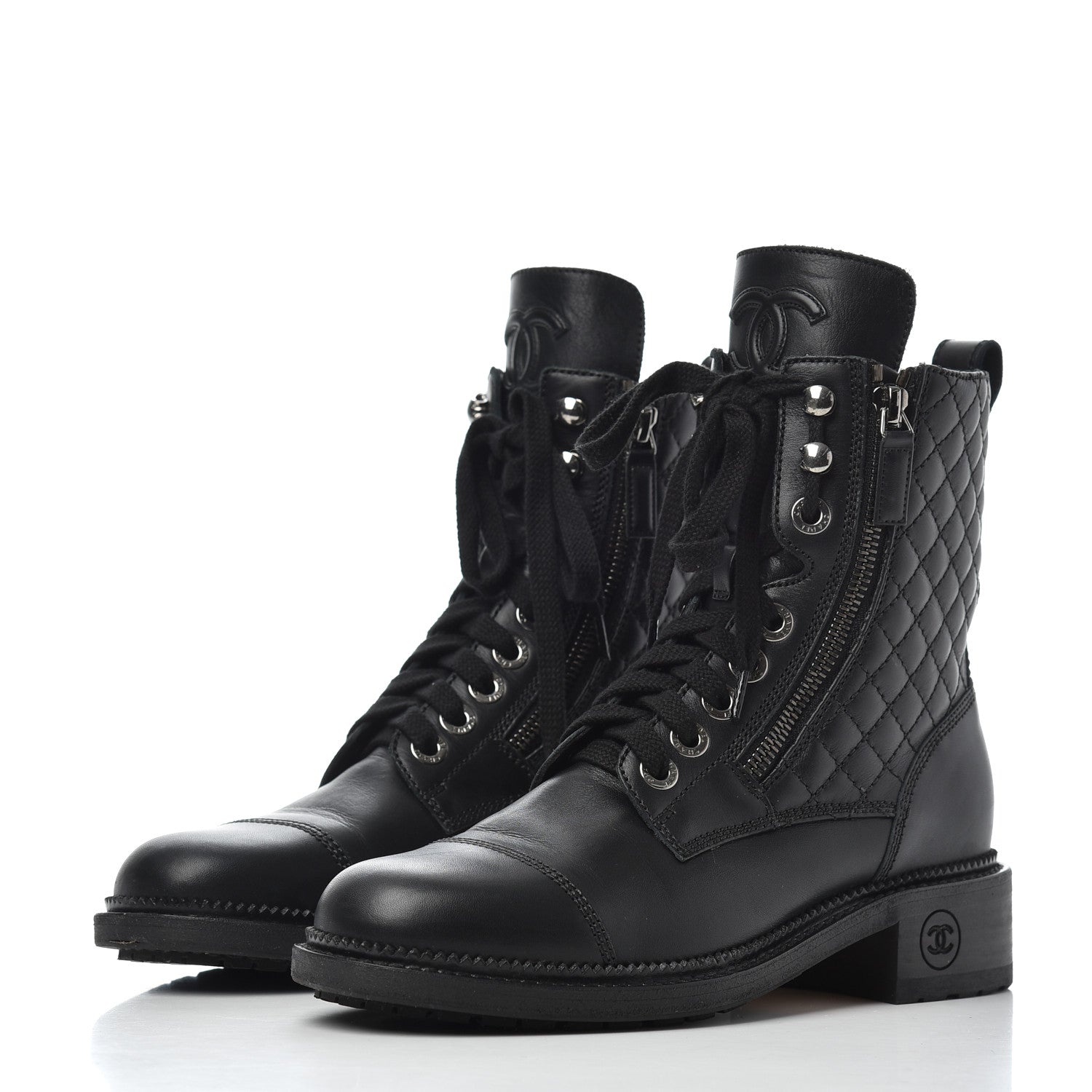Chanel Calfskin Quilted Lace Up Combat Boots 37 Black 3 of 19