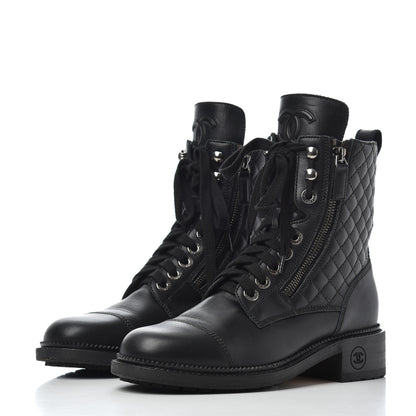 Chanel Calfskin Quilted Lace Up Combat Boots 37 Black 3 of 19