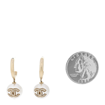 Chanel Pearl Crystal CC Drop Earrings Gold Pearly White 2 of 5
