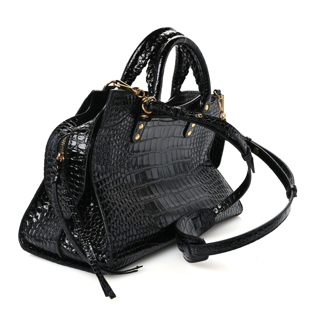 Balenciaga Shiny Supple Calfskin Crocodile Embossed Brass Hardware Neo Classic City Black 2 of 9