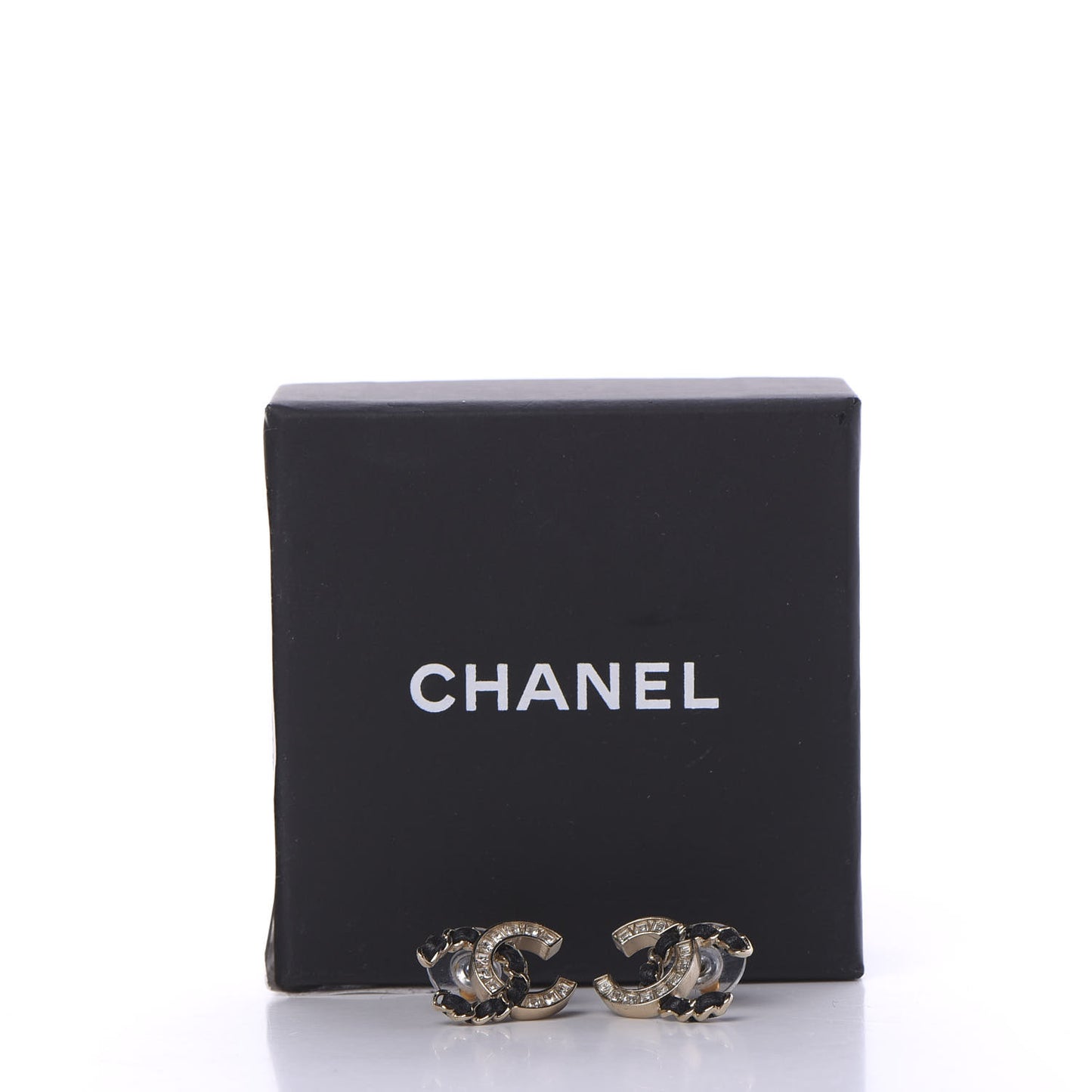 Crystal Baguette Lambskin Chain CC Vintage Allure Stud Earrings Black Gold