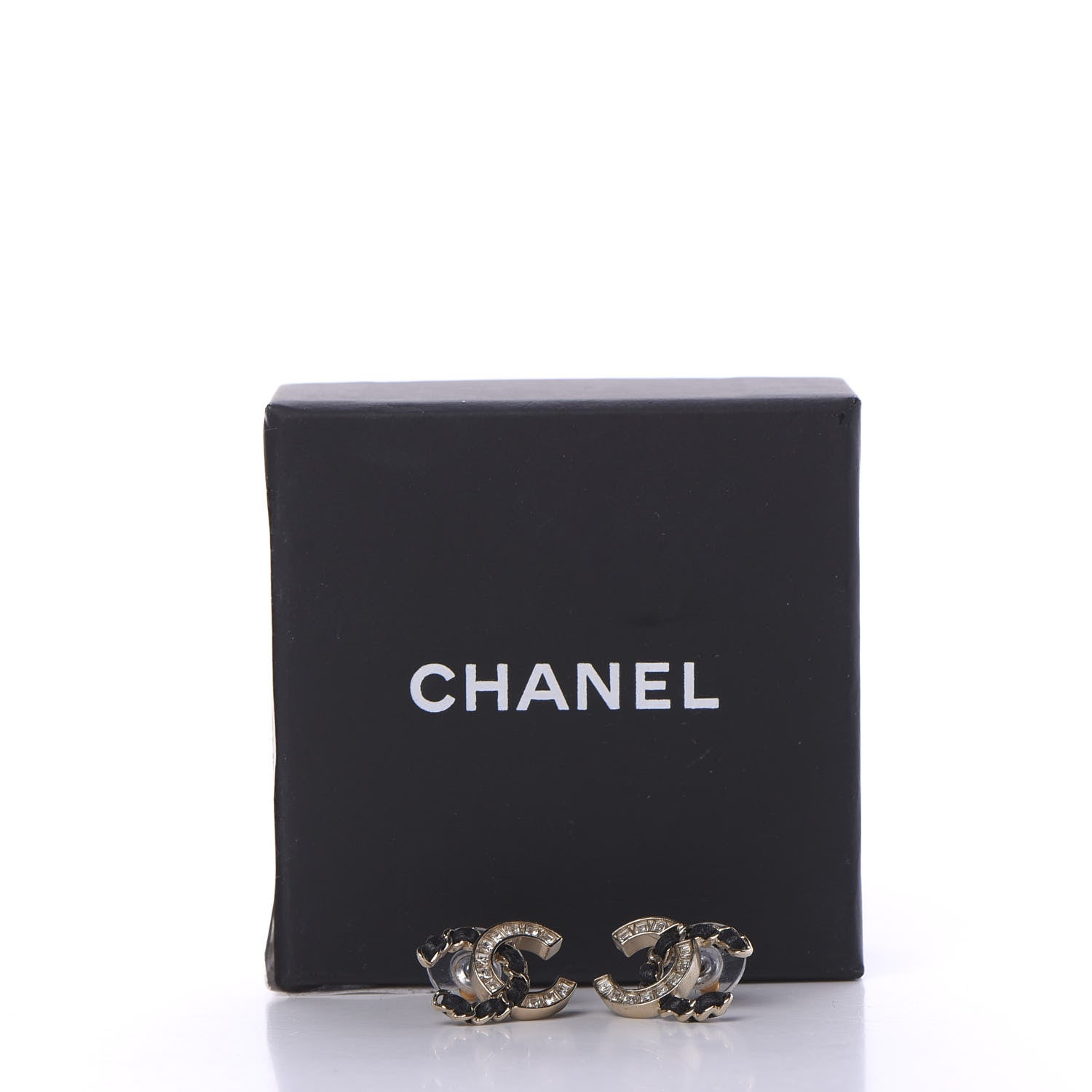 Chanel Crystal Baguette Lambskin Chain CC Vintage Allure Stud Earrings Black Gold 5 of 5