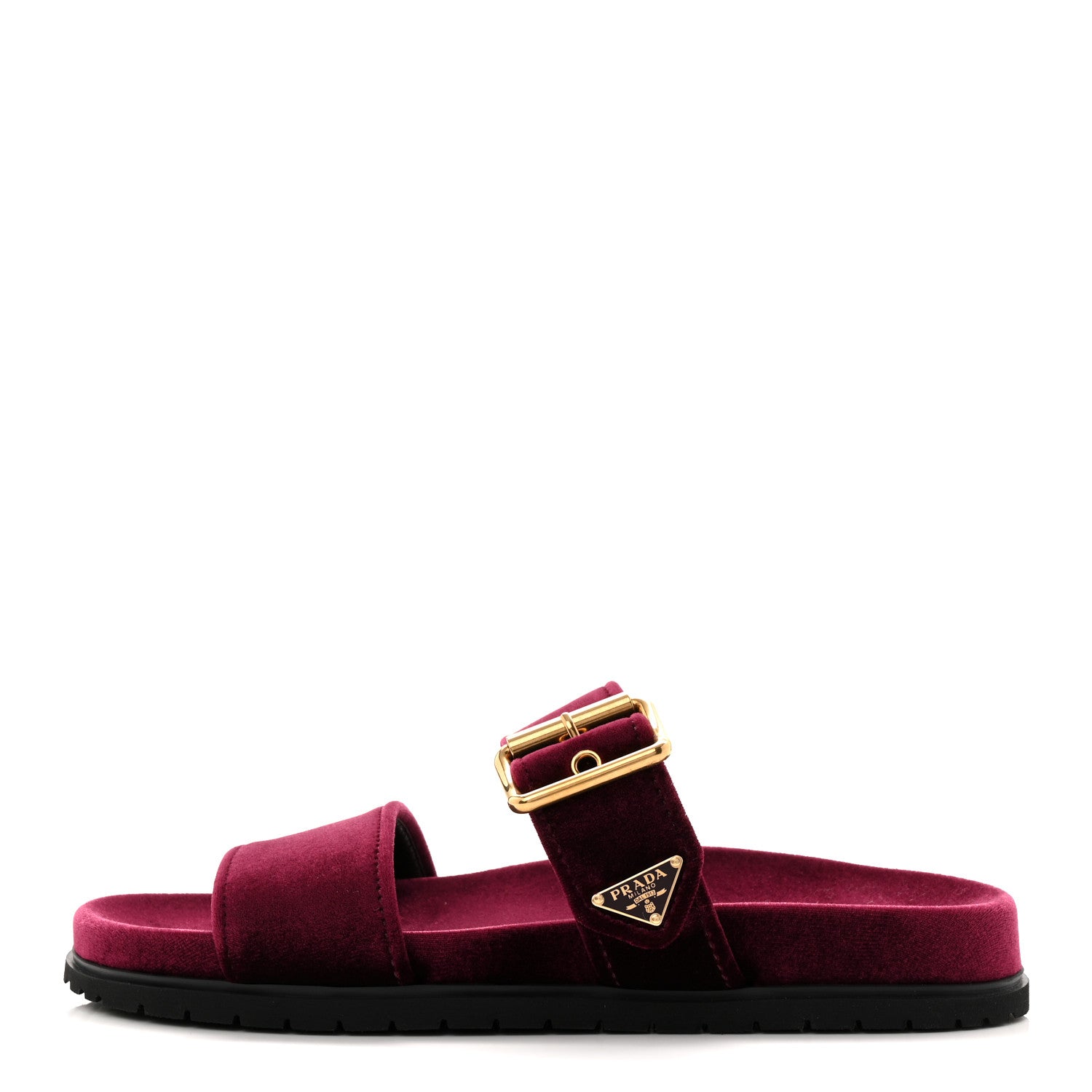 Prada Velvet Metal Triangle Logo Womens Double Buckle 20mm Slide Sandals 37.5 Bordeaux 1 of 10