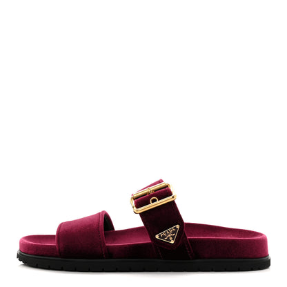 Prada Velvet Metal Triangle Logo Womens Double Buckle 20mm Slide Sandals 37.5 Bordeaux 1 of 10