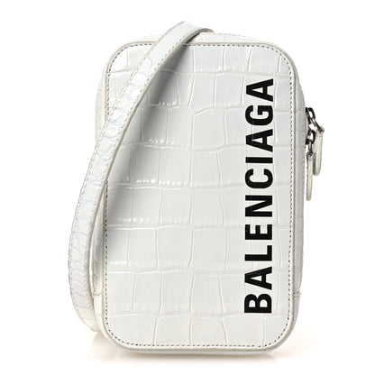 Balenciaga Shiny Calfskin Logo Crocodile Embossed Cash Phone Holder Bag White Black 1 of 13
